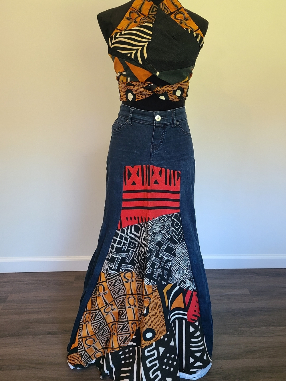 Aziz - African Ankara Patchwork Halter Top And Maxi Skirt Set